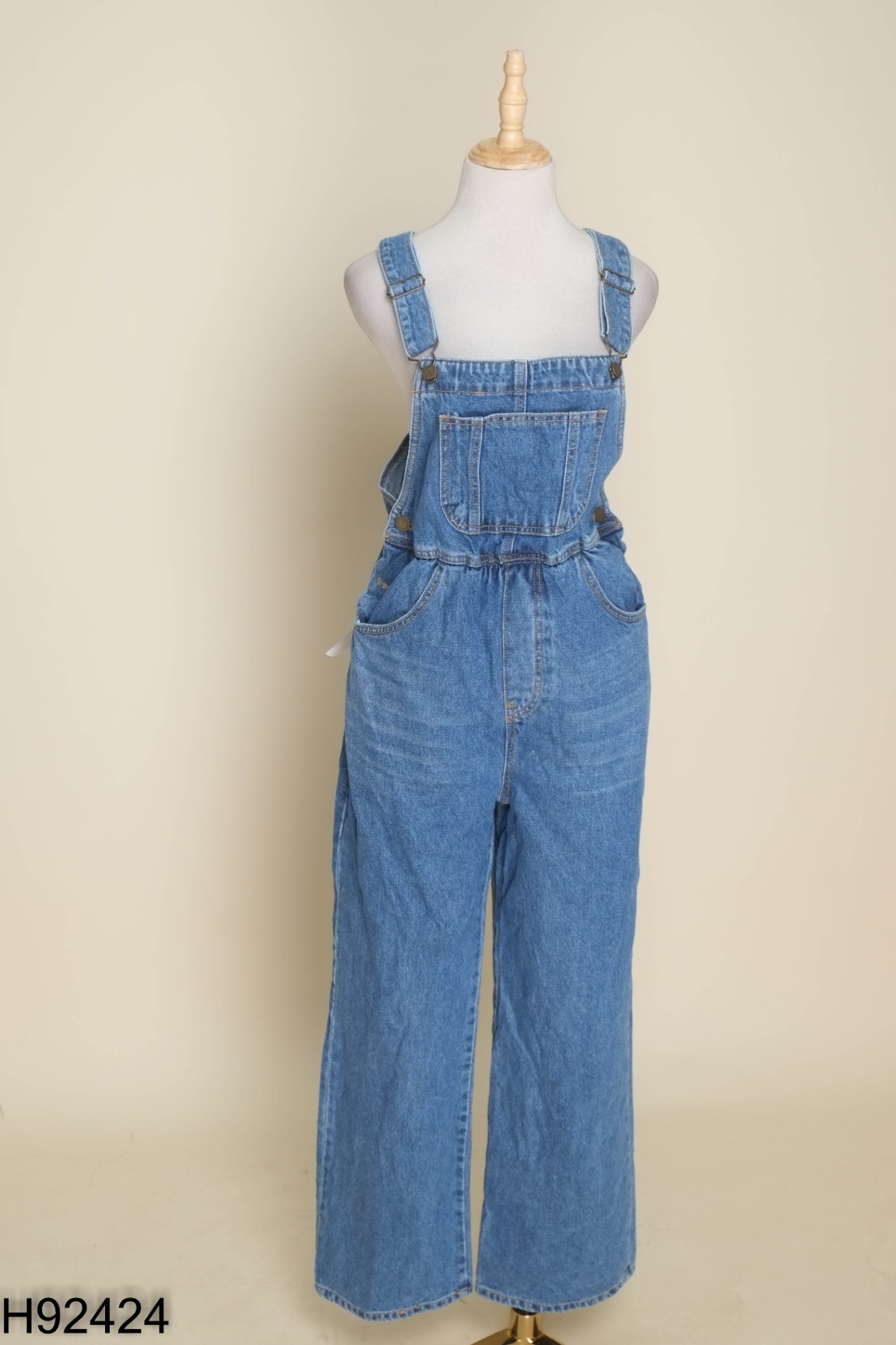 NEWTAG Quần yếm jeans xanh eo chun