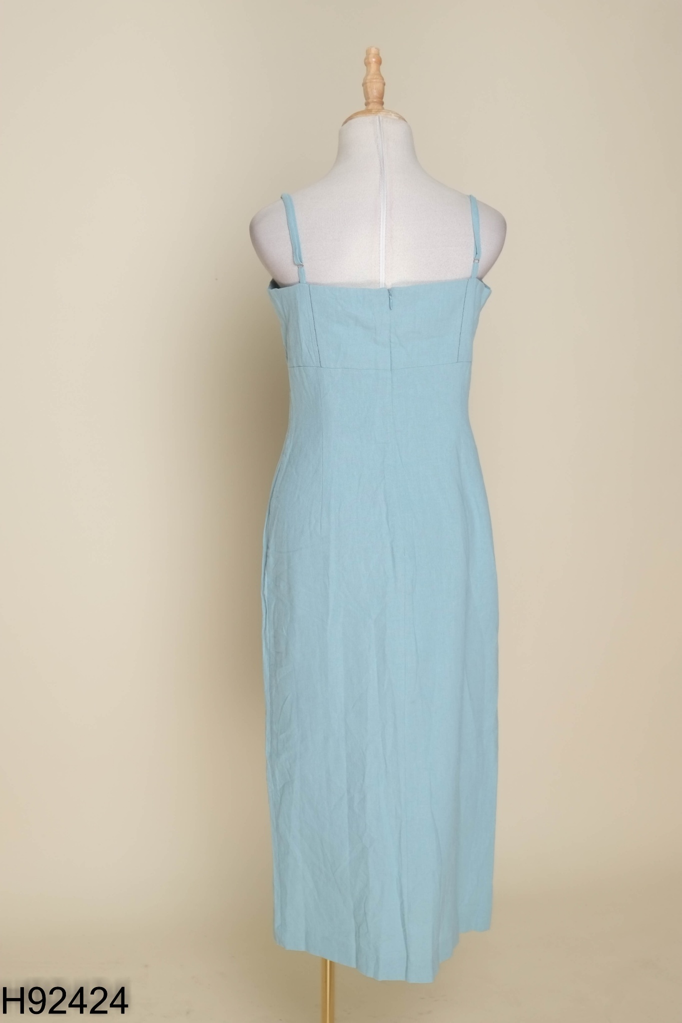 NEWAG Váy hai dây linen xanh viền chỉ