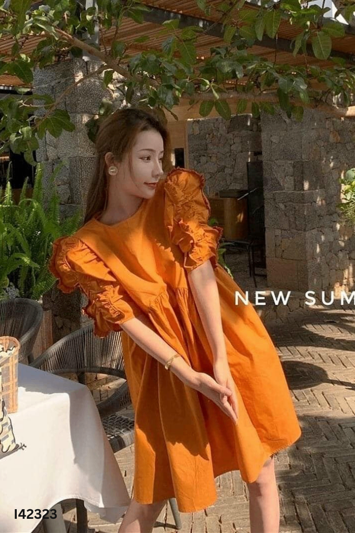 NEWTAG Váy nâu cam tay viền bèo