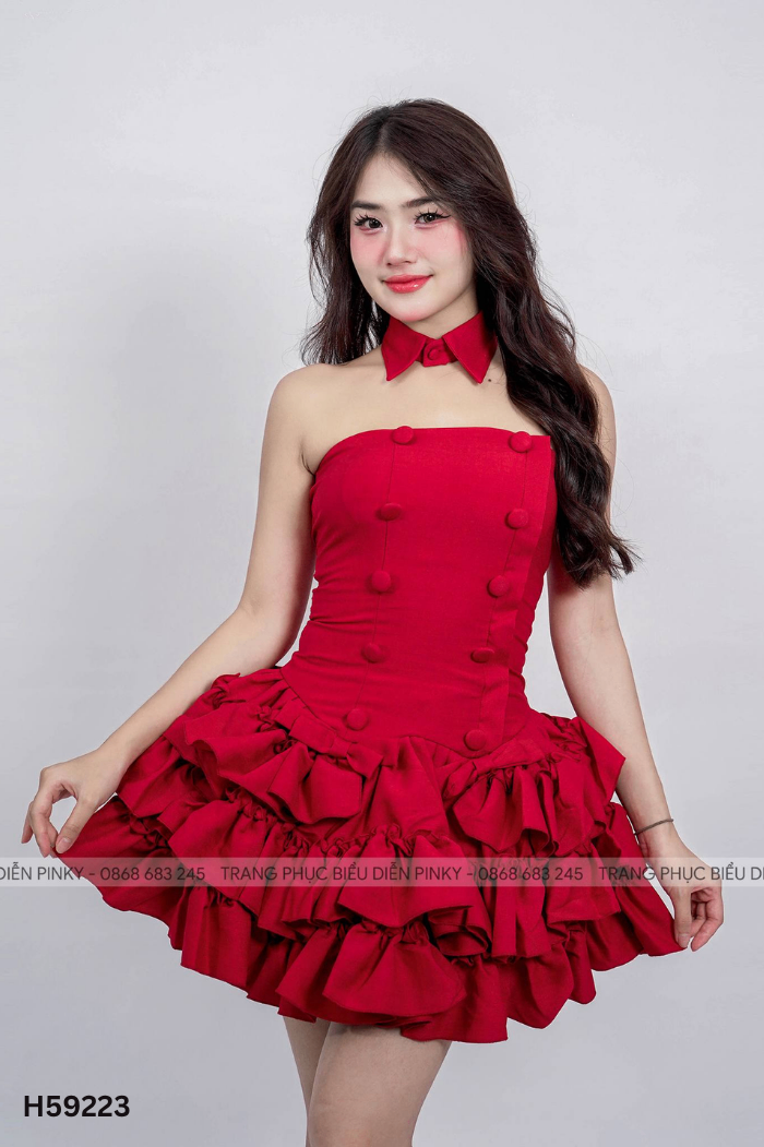 Váy cúp ngực đỏ bèo tầng