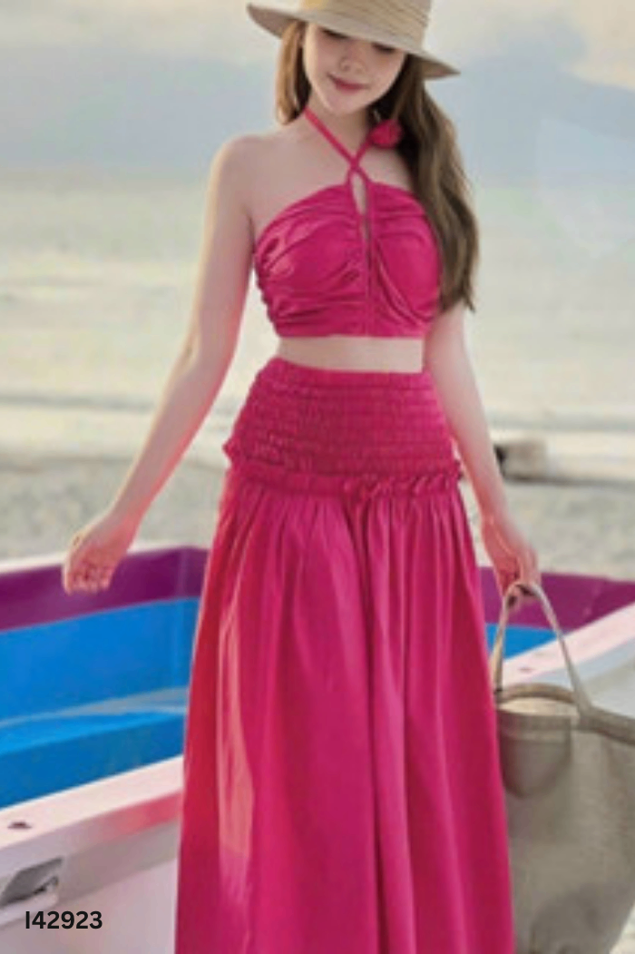 NEWTAG SET ÁO hồng đính nơ + chân váy