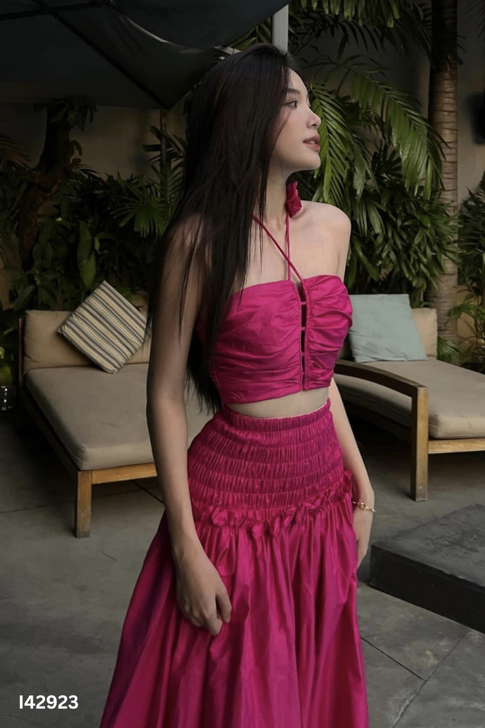 NEWTAG SET ÁO hồng đính nơ + chân váy
