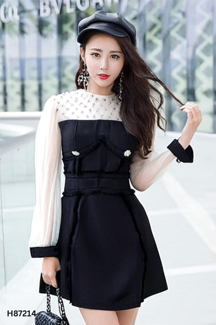 Váy đen phối lưới be