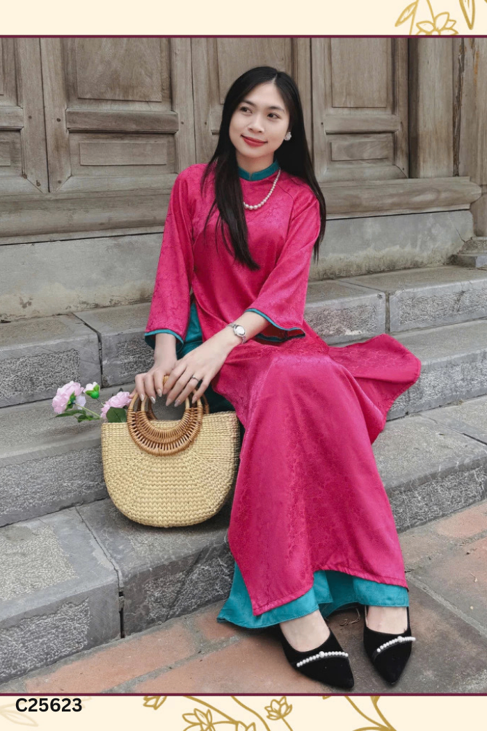 SET Áo dài hồng viền xanh + quần dài