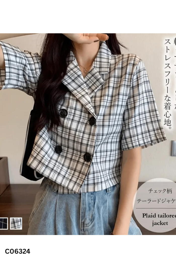 Áo trắng kẻ đen cổ vest