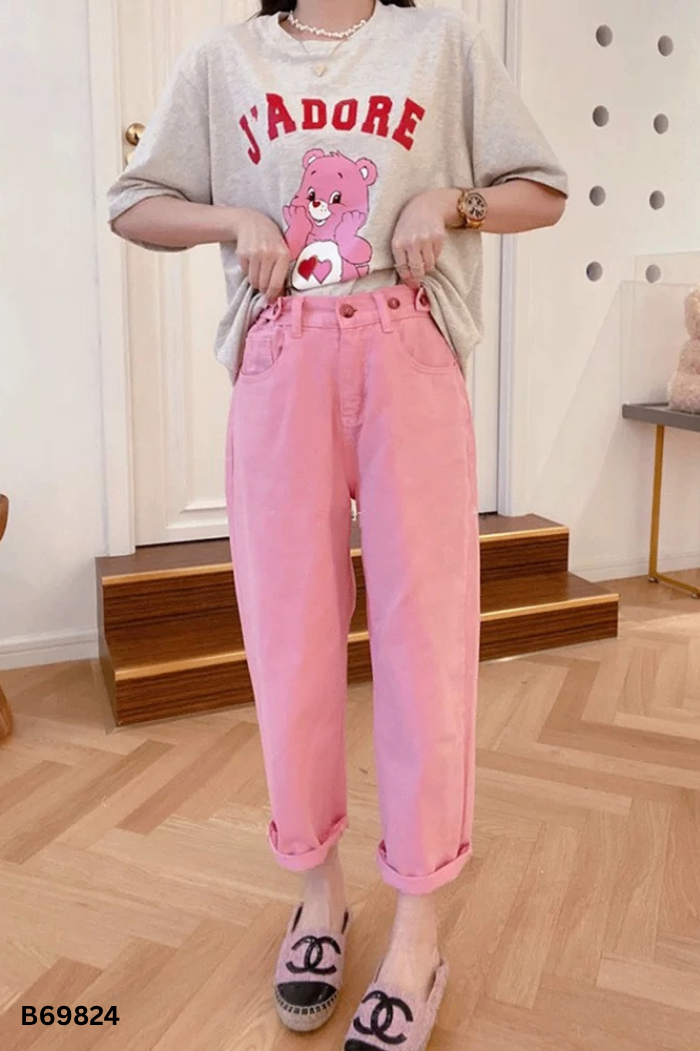 Quần jeans suông hồng