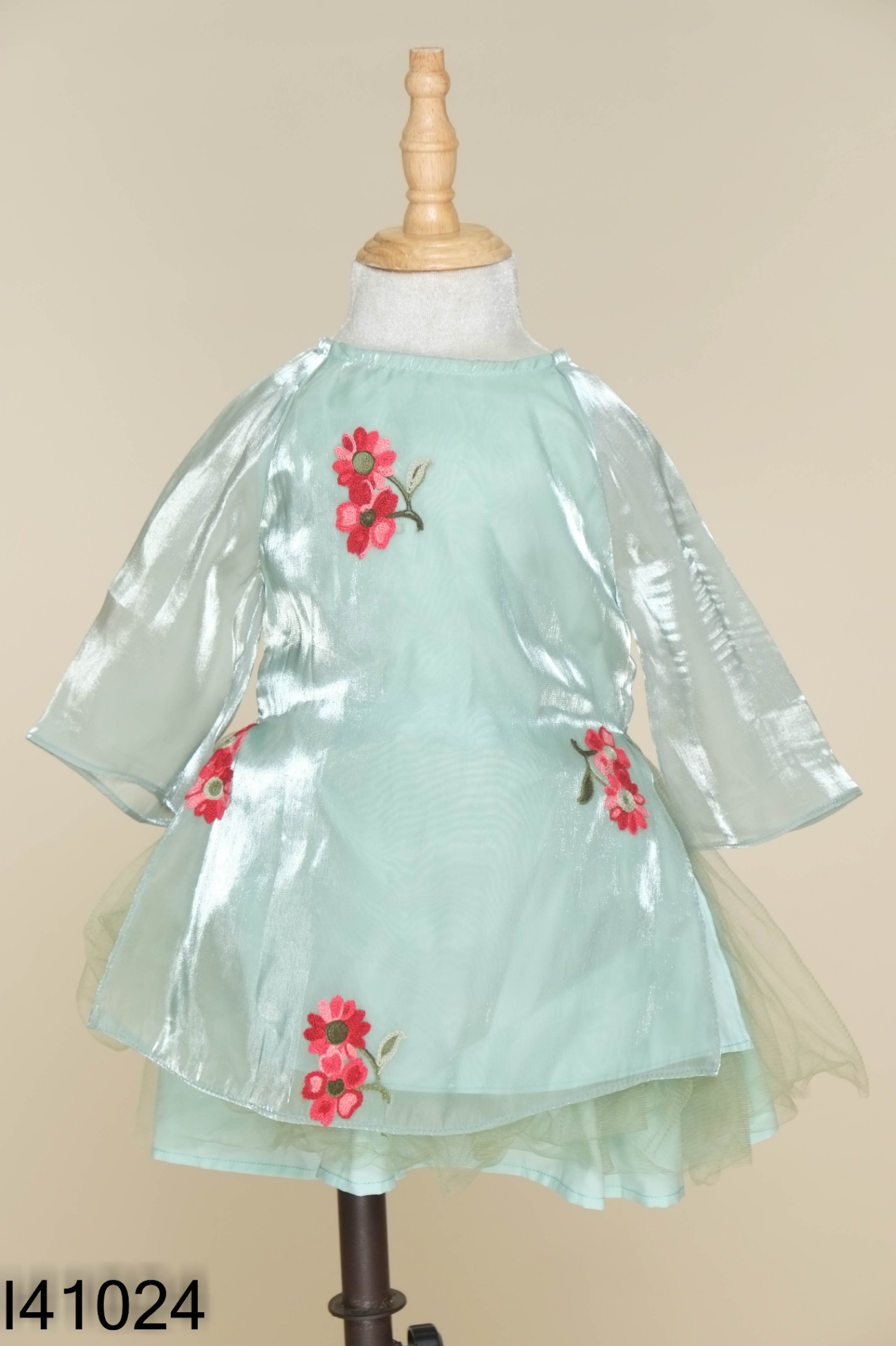 SET Áo dài xanh họa tiết đỏ + chân váy lưới KIDS