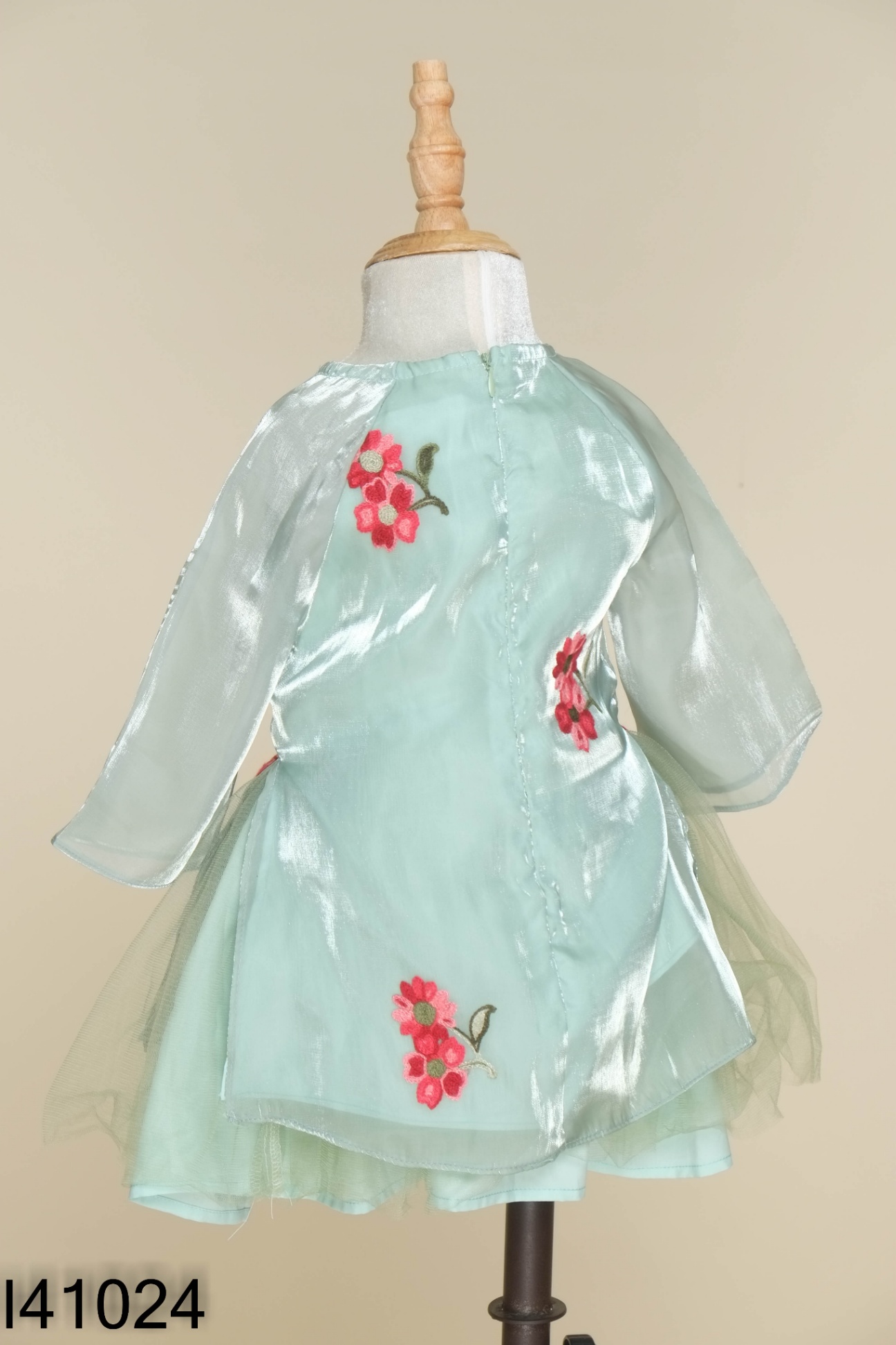 SET Áo dài xanh họa tiết đỏ + chân váy lưới KIDS