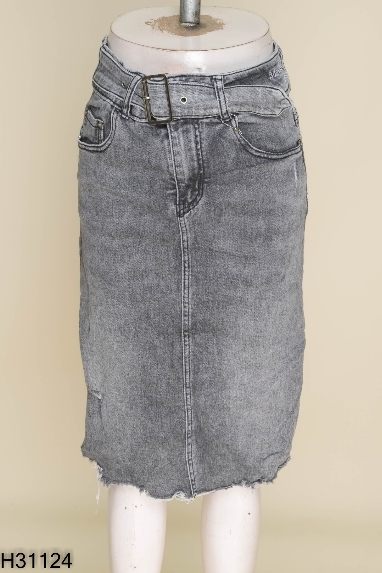 Chân váy jeans xám phối đai