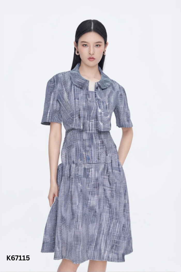 SET Váy xanh đen hai dây + áo kiểu