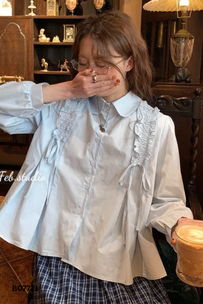 NEWTAG Áo sơ mi xanh phối bèo