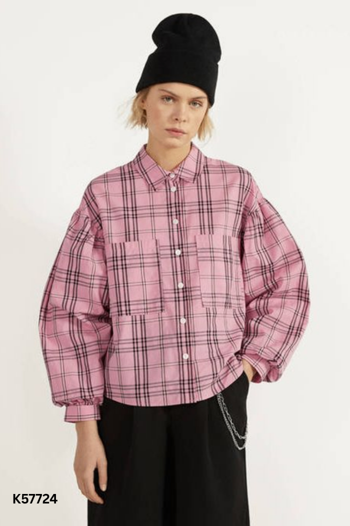 Áo BERSHKA hồng kẻ caro đen