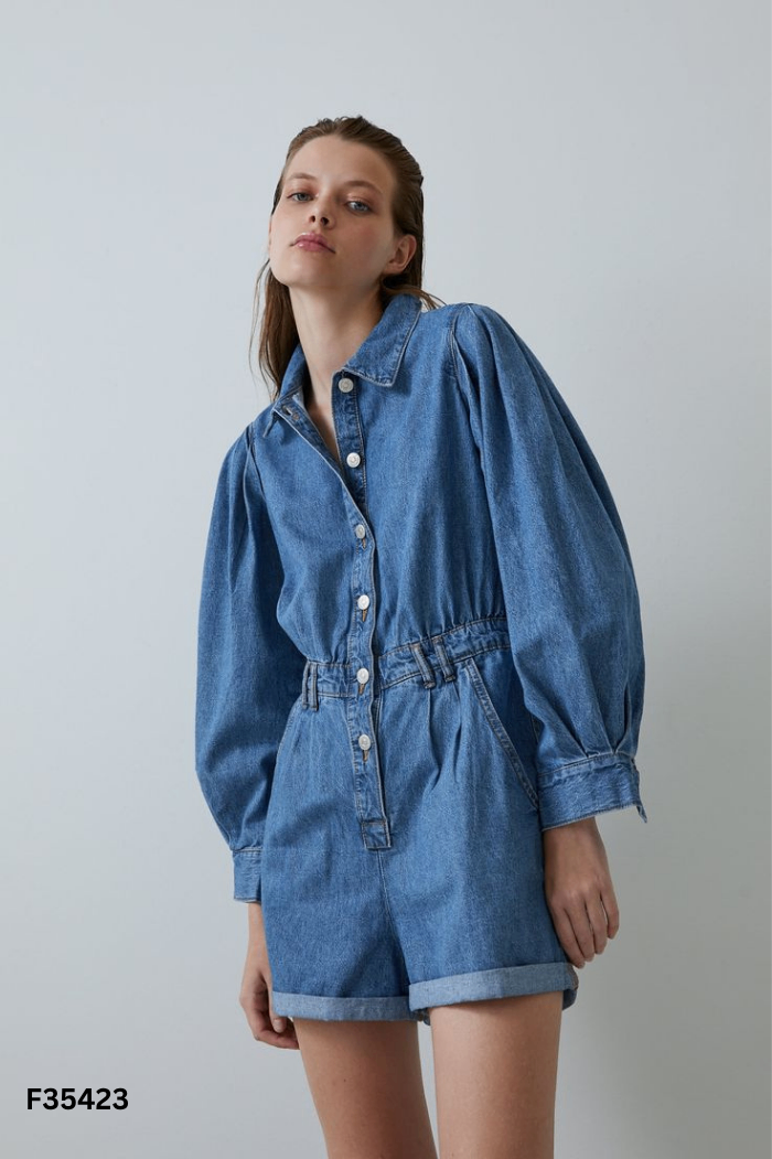 Jumpsuits ZARA jeans xanh cổ bẻ
