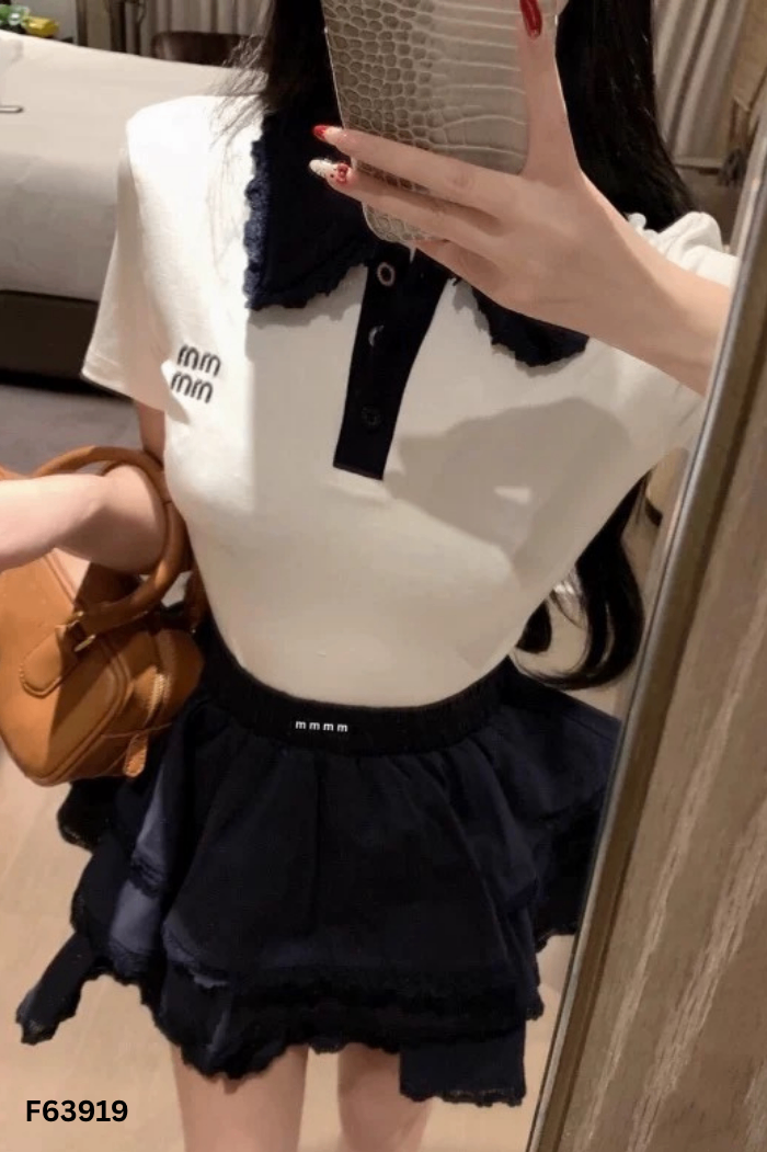Áo kiểu trắng cổ xanh than