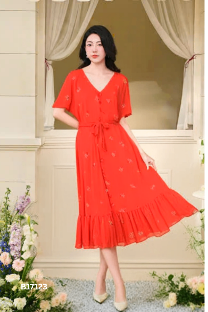 NEWTAG Váy cam họa tiết trắng
