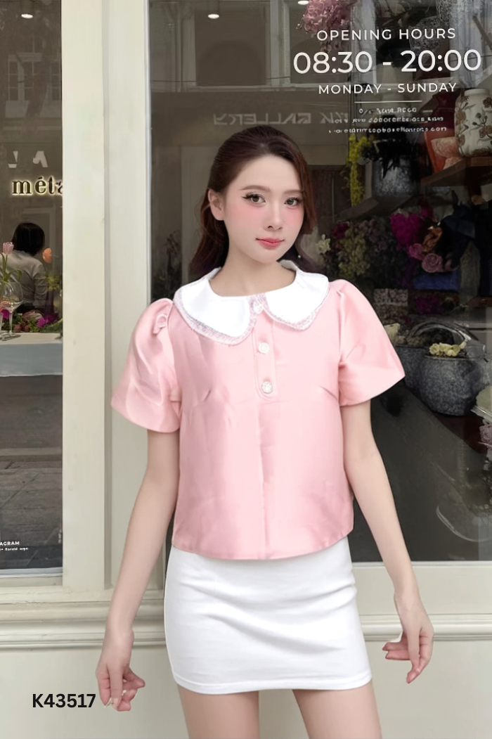 Áo kiểu hồng phối cổ trắng