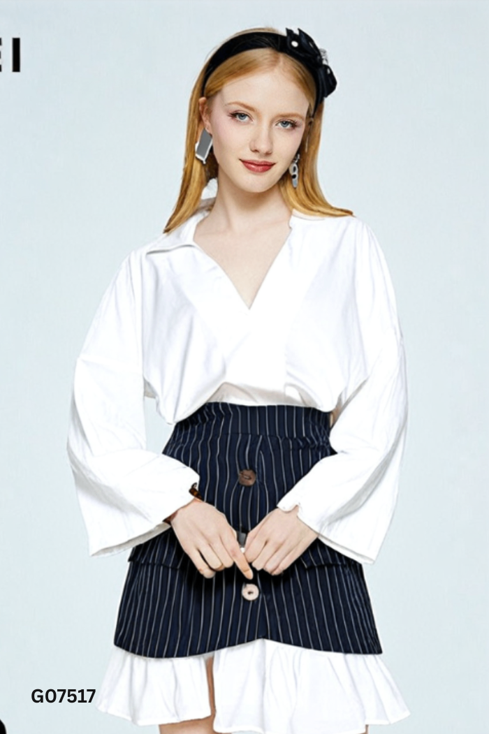 SET A-I-M Áo trắng cổ sơ mi + chân váy xanh