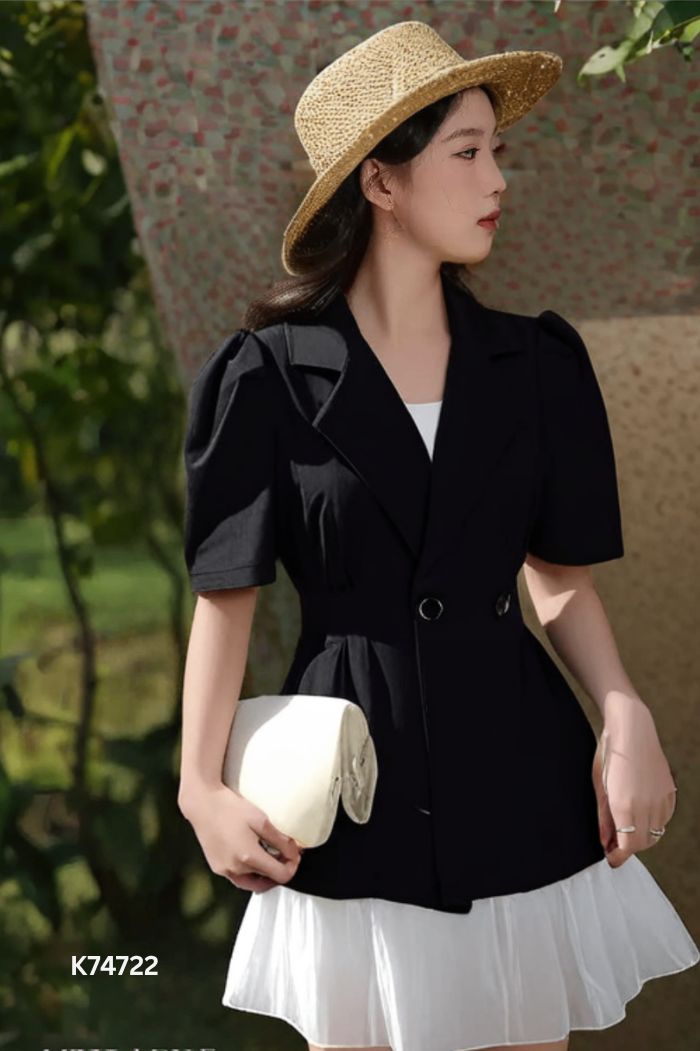 SET Áo dđen cổ vest + quần short trắng