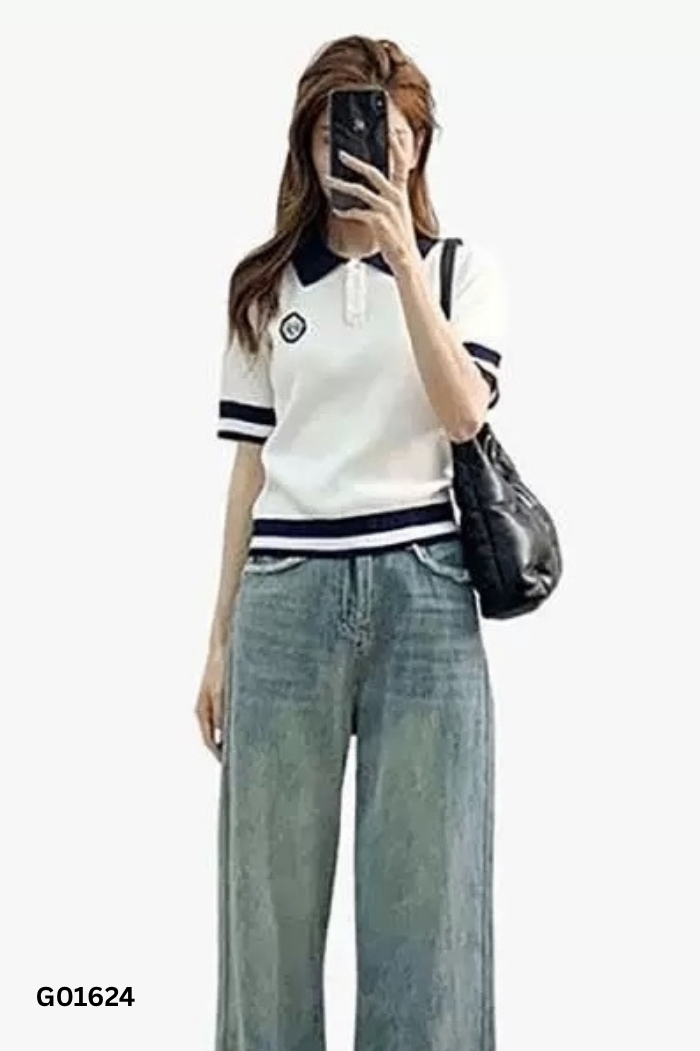 Áo trắng viền xanh than