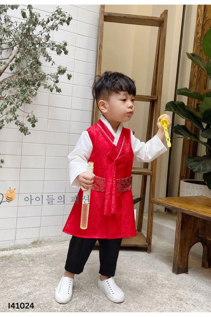 NEWTAG Áo hanbok đỏ phối trắng KIDS