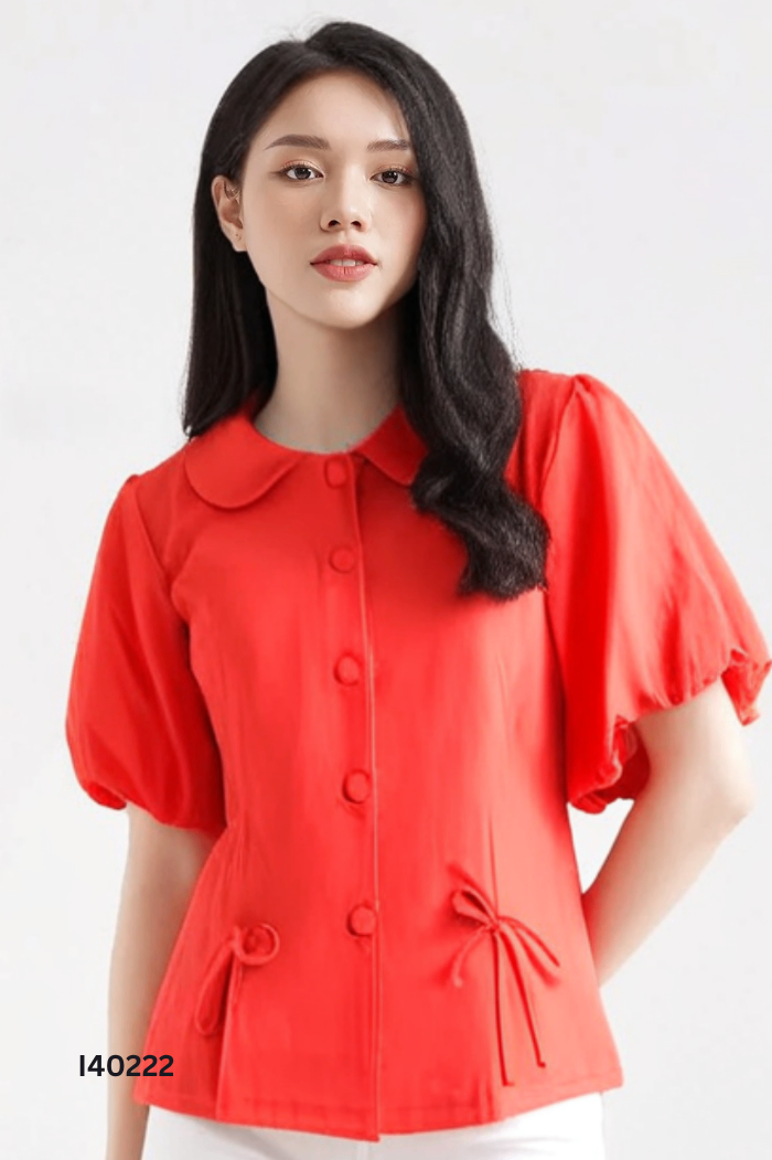 Áo đỏ tay phồng phối nơ
