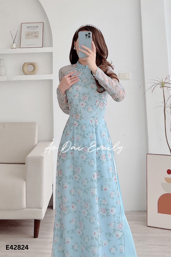 Set Áo dài voan xanh hoa + quần