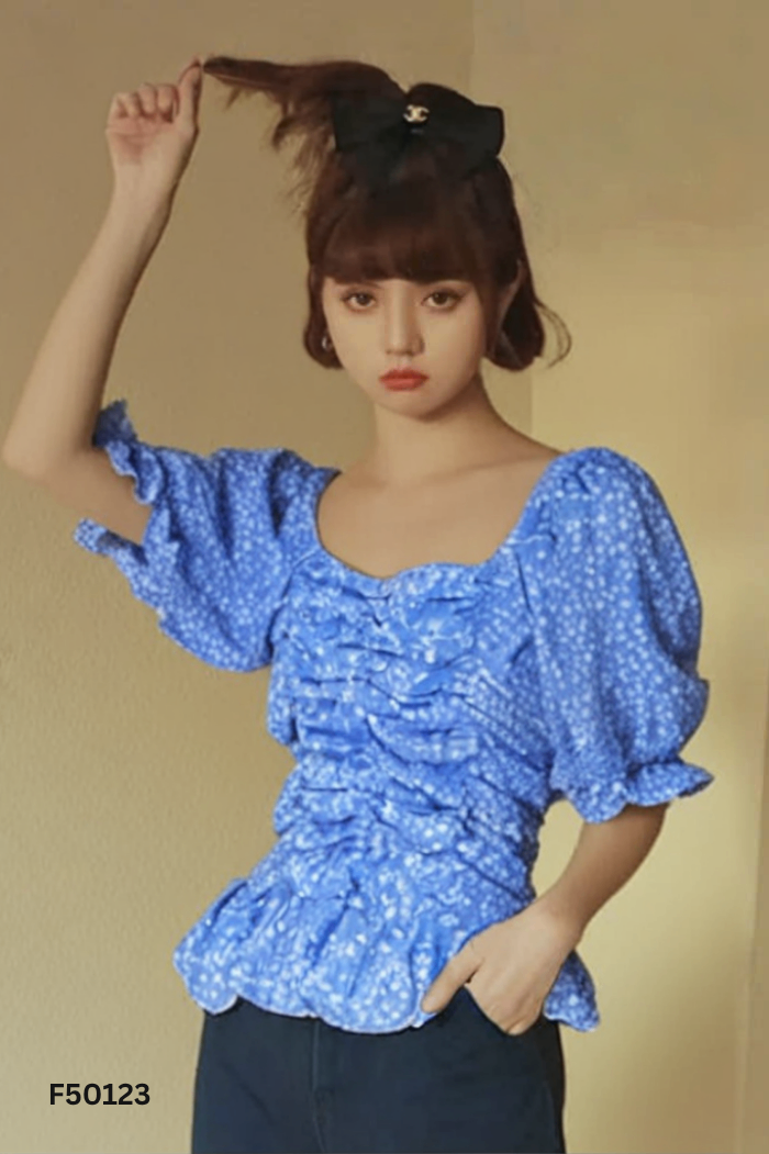 Áo xanh hoa tay phồng