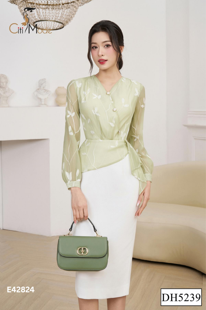 Váy xanh hoa CITI MODA phối trắng cúc ngọc