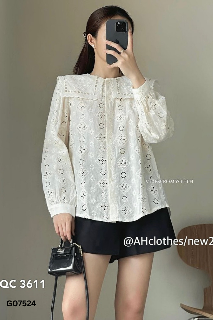 Áo sơ mi be phối cổ trắng