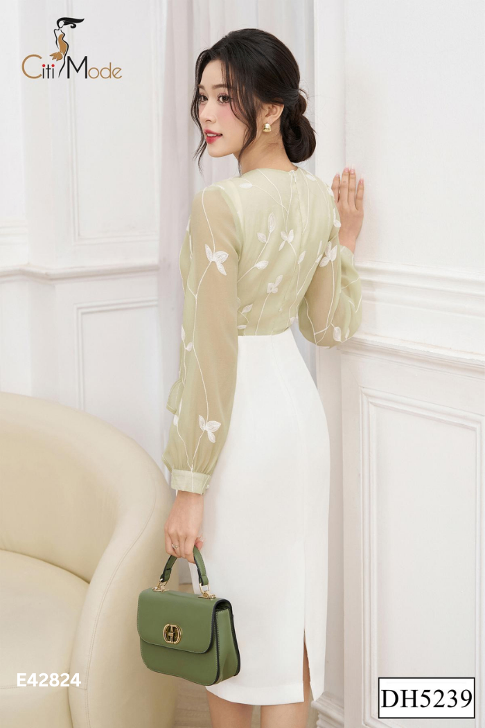 Váy xanh hoa CITI MODA phối trắng cúc ngọc