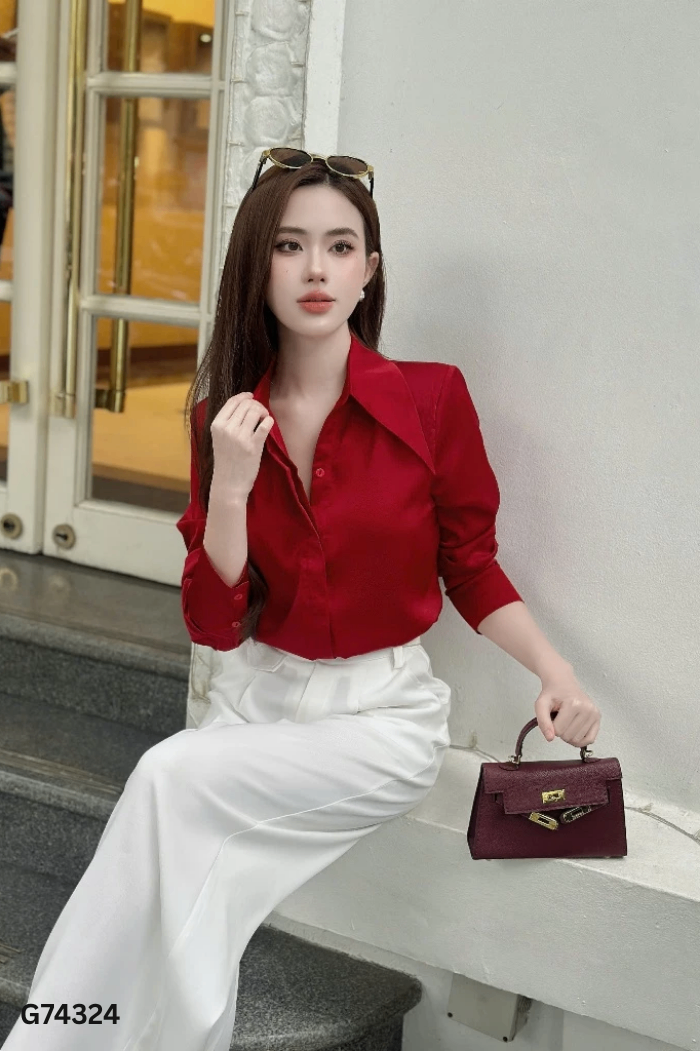 Áo sơ mi NALIA lụa đỏ rượu