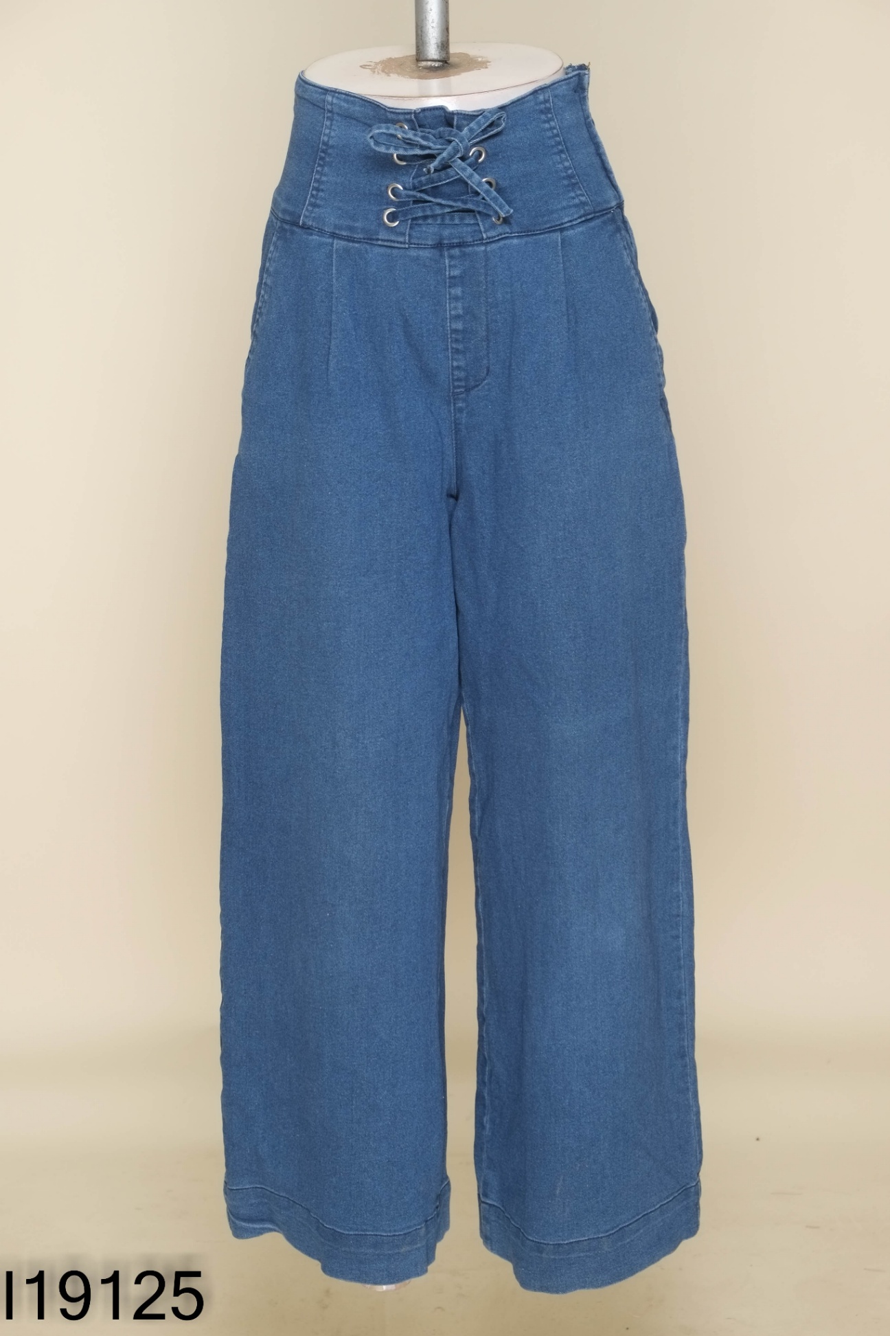 Quần jeans suông xanh đan dây eo