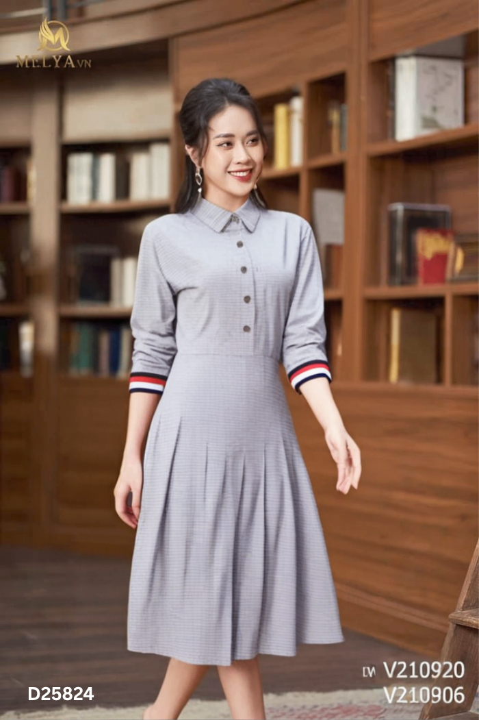 Váy xám ziczac trắng cổ sơ mi