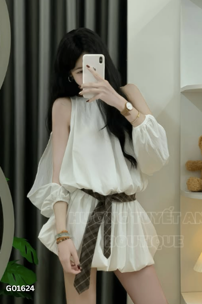Váy trắng chun eo dài tay