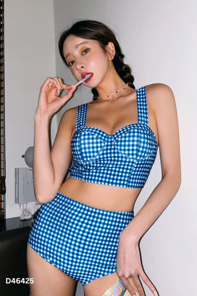 Set Bikini 2 mảnh xanh kẻ caro