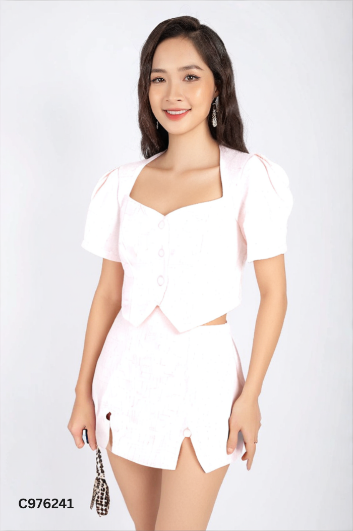 Set dạ hồng nhạt áo kiểu + chân váy
