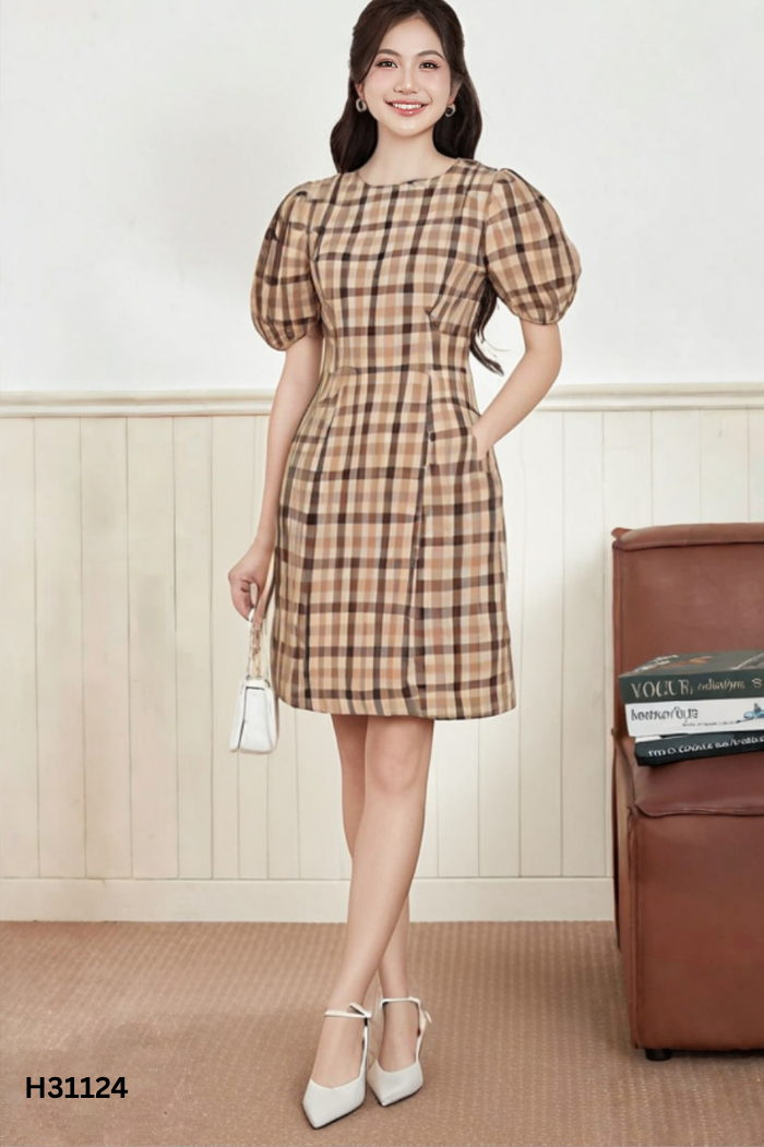 Váy nâu be kẻ caro tay phồng