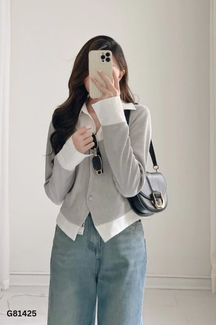 Áo sơ mi len tăm ghi mix cổ trắng