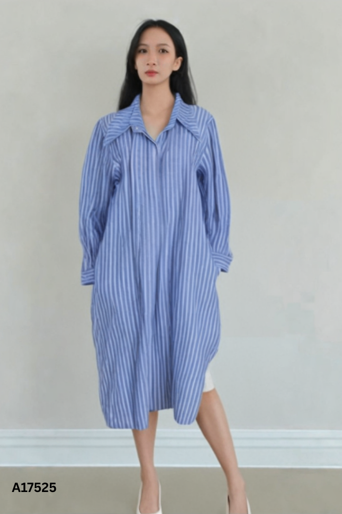 Váy NIMI xanh sọc trắng cổ sơ mi