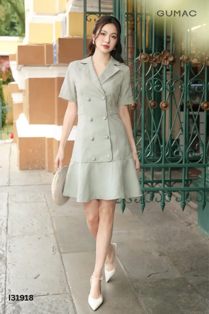 Váy GUMAC xanh cổ vest