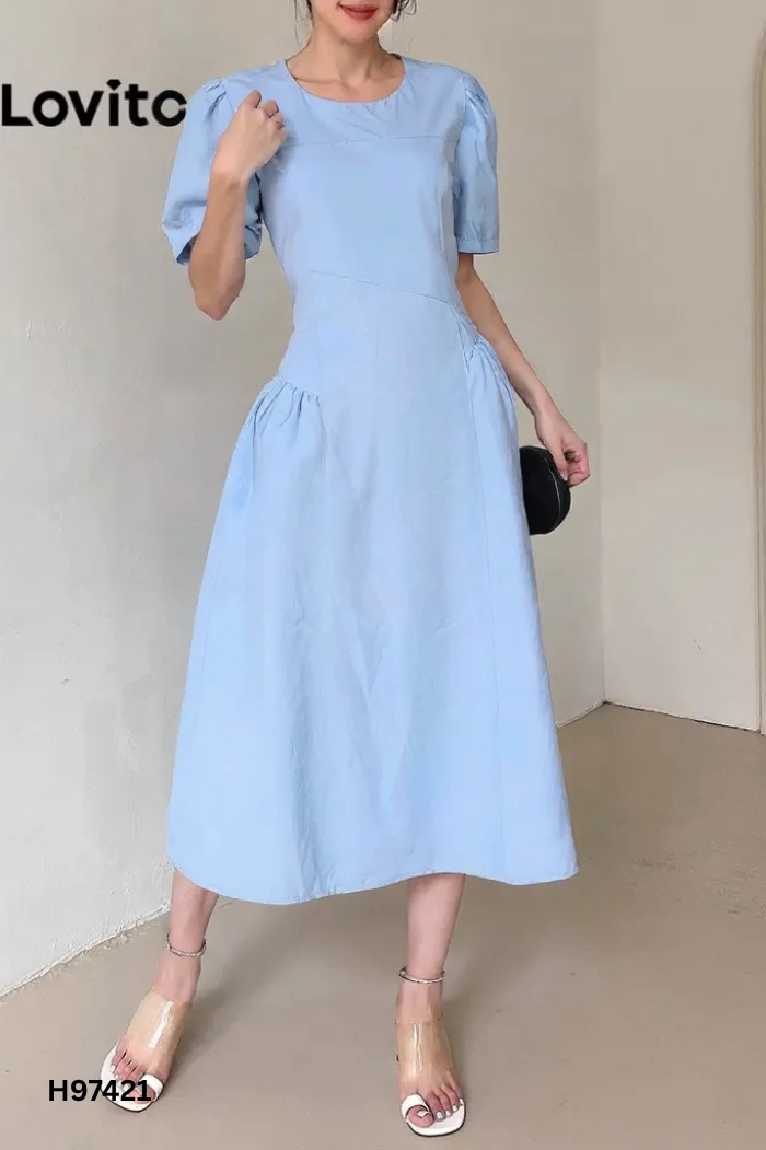 NEWTAG Váy LOVITO xanh trơn ngắn tay