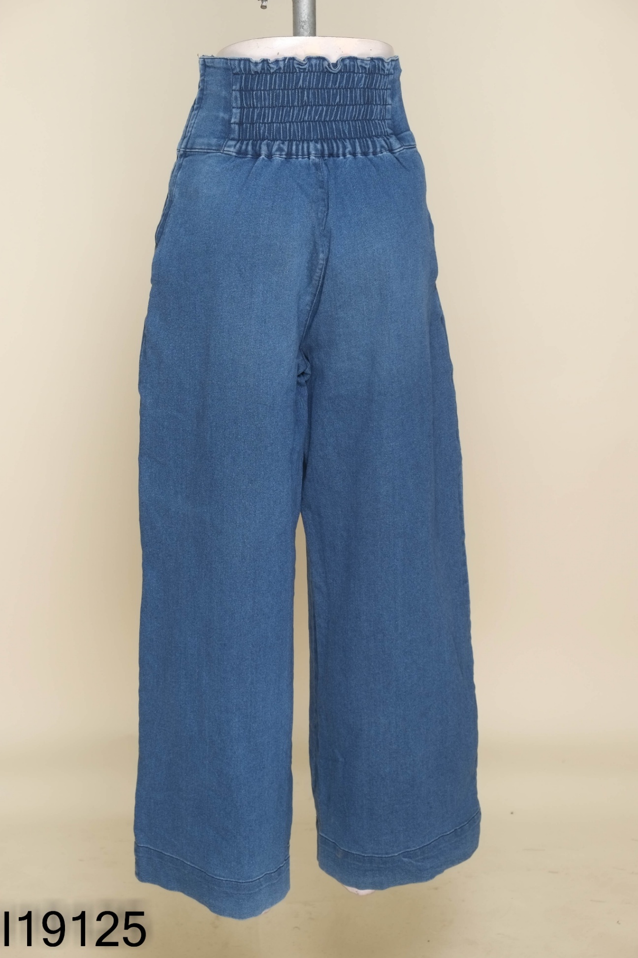 Quần jeans suông xanh đan dây eo