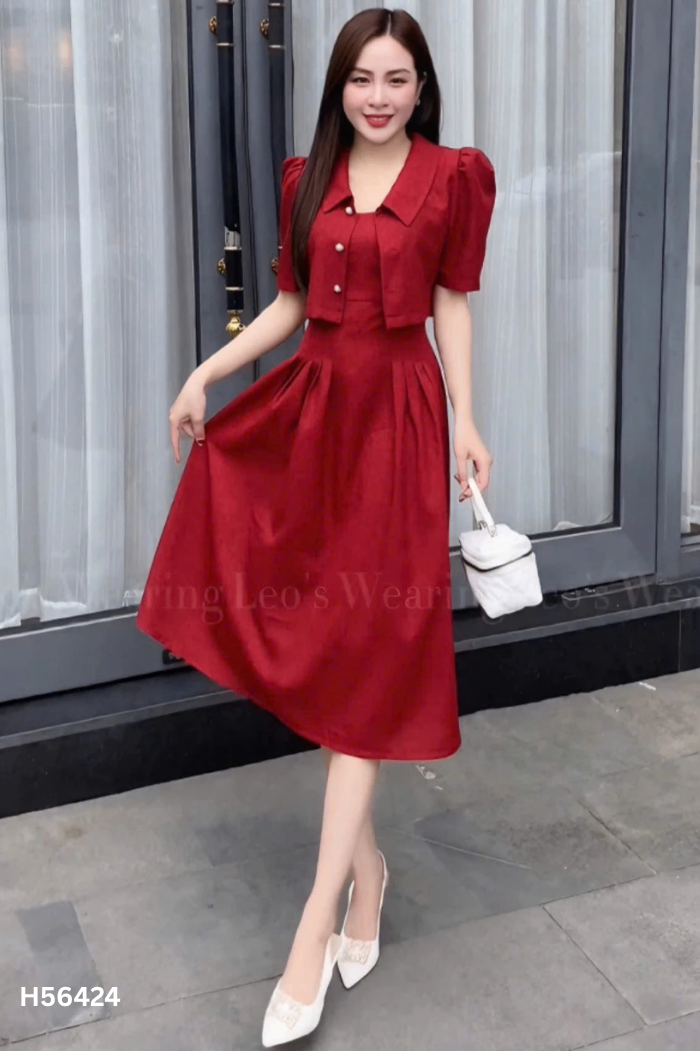 Set Váy hai dây LEO'S WEARING đỏ + áo khoác