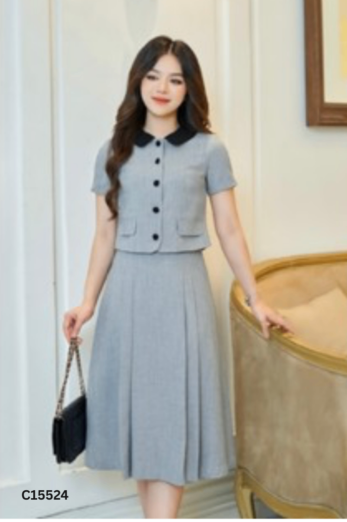 SET Áo xanh cổ đen + chân váy