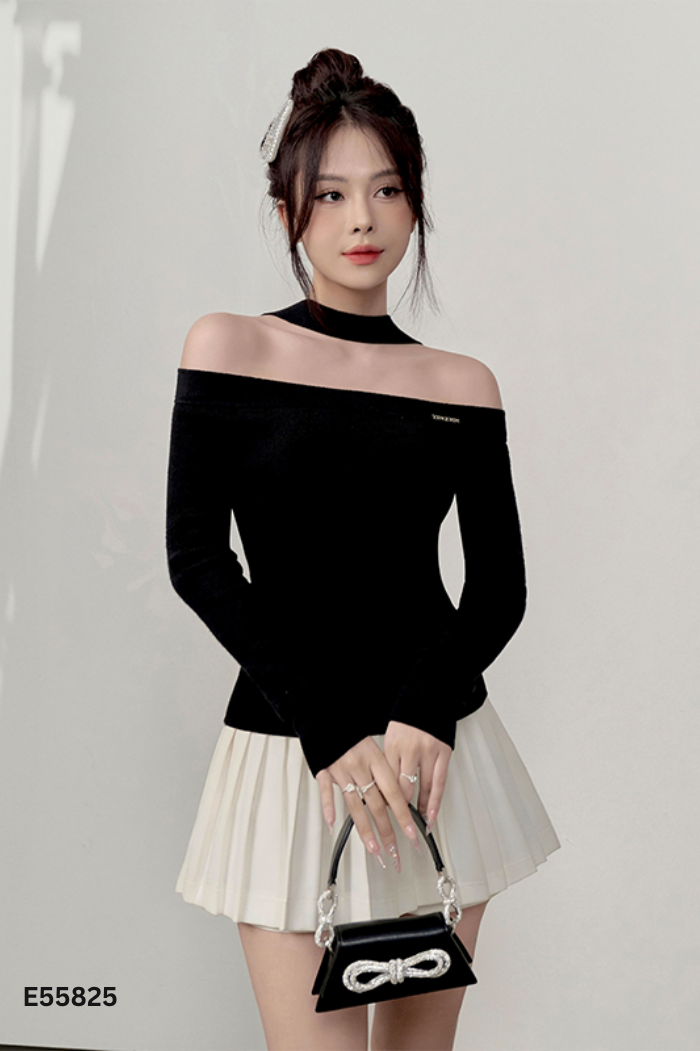 Áo len TI NGOAN đen trễ vai