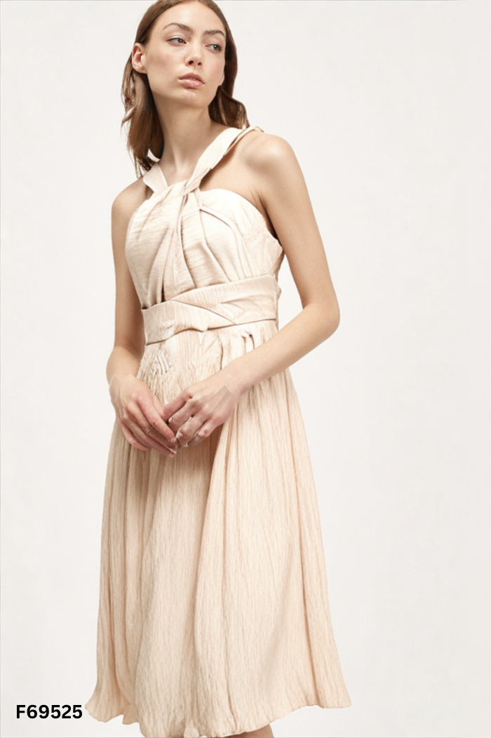 Váy đũi be CELINE cổ xoắn