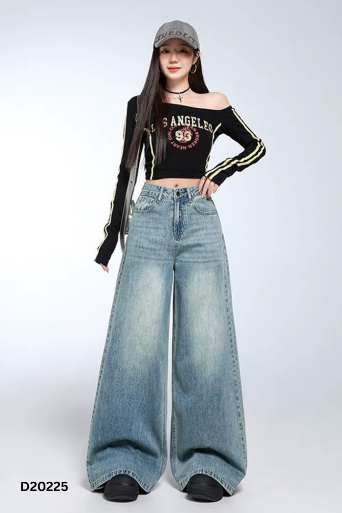 NEWTAG Quần jeans suông xanh trơn