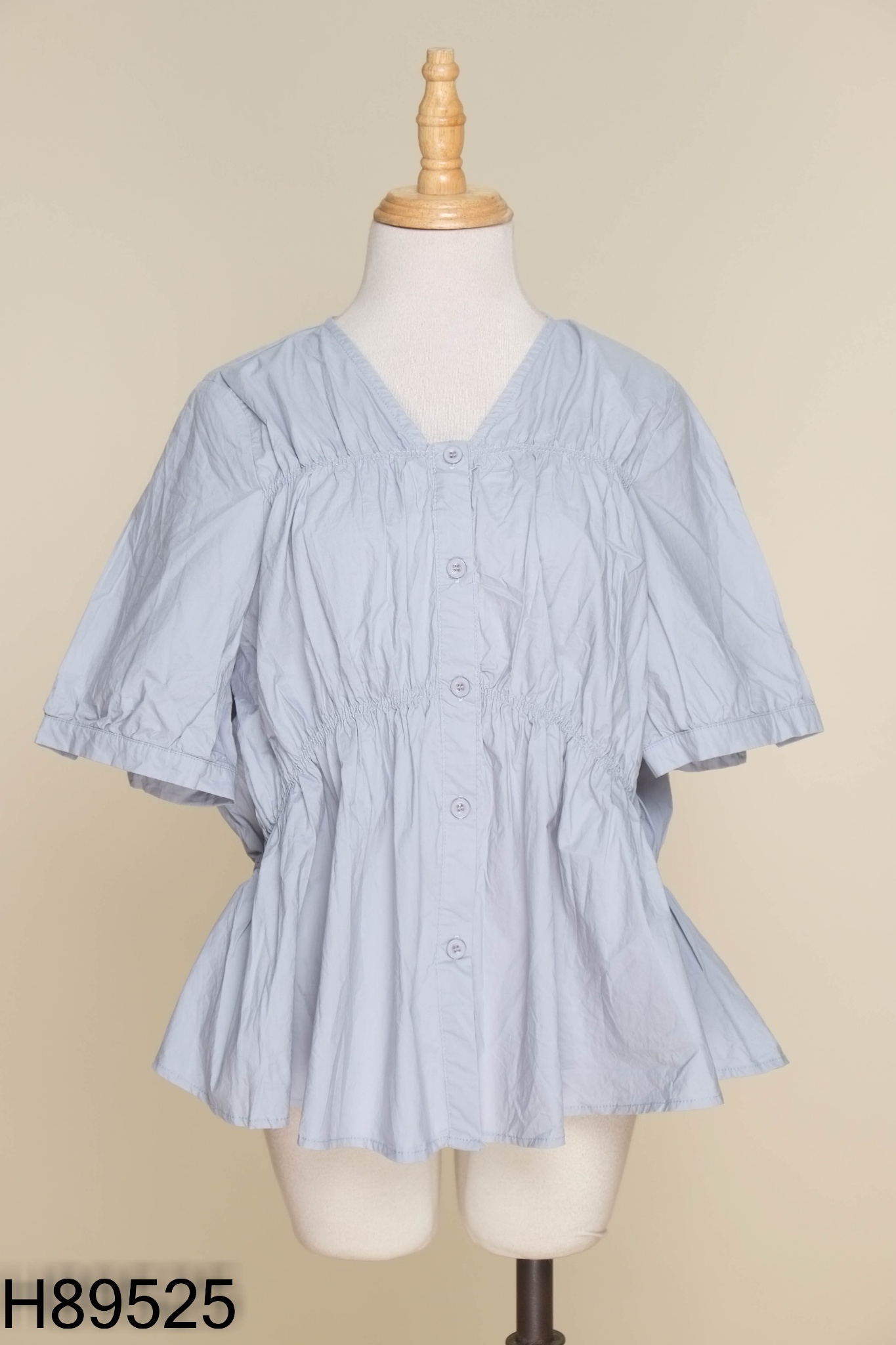 Áo kiểu xanh tay bồng phối chun