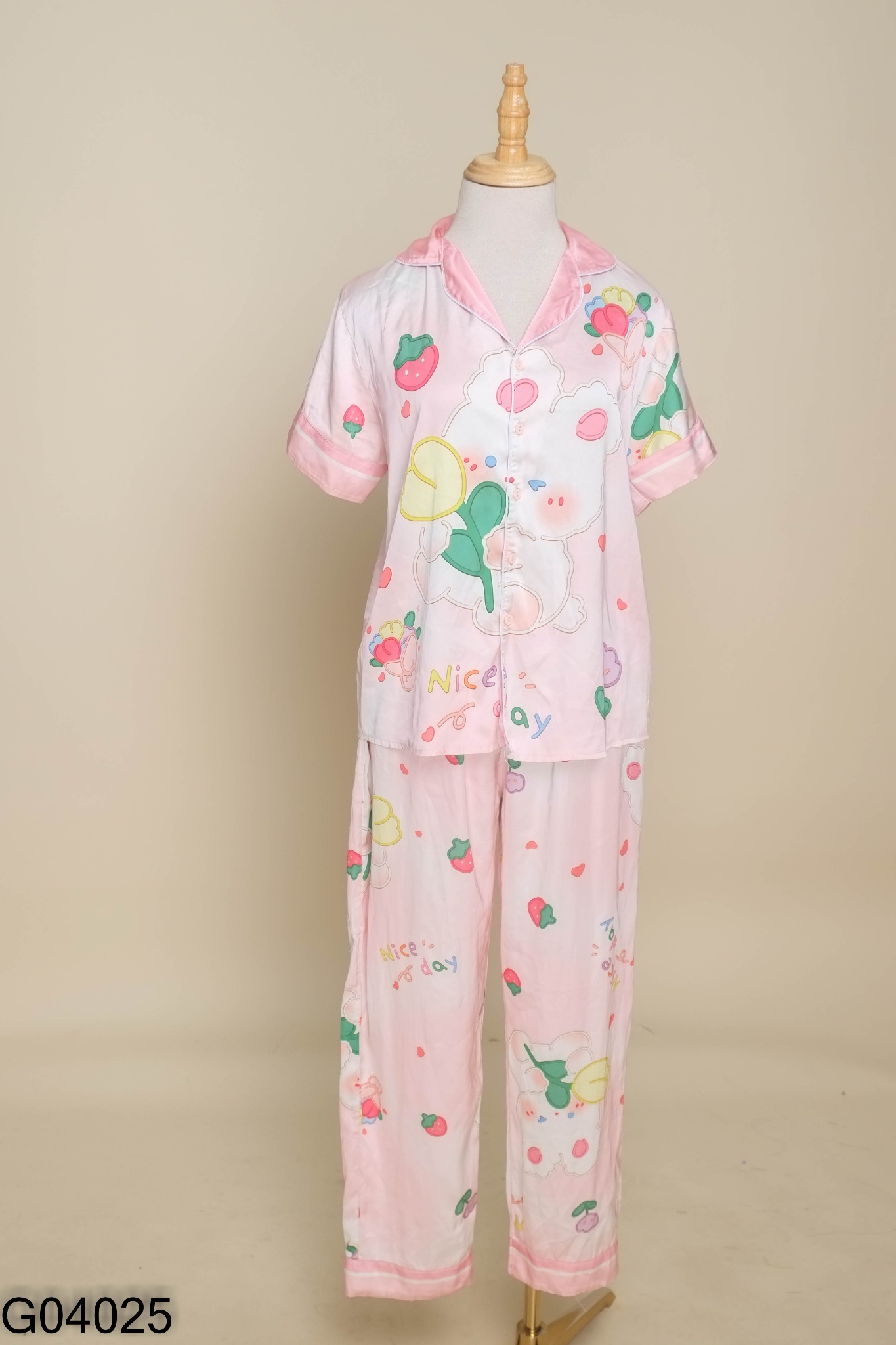 Set Pijama lụa hồng họa tiết