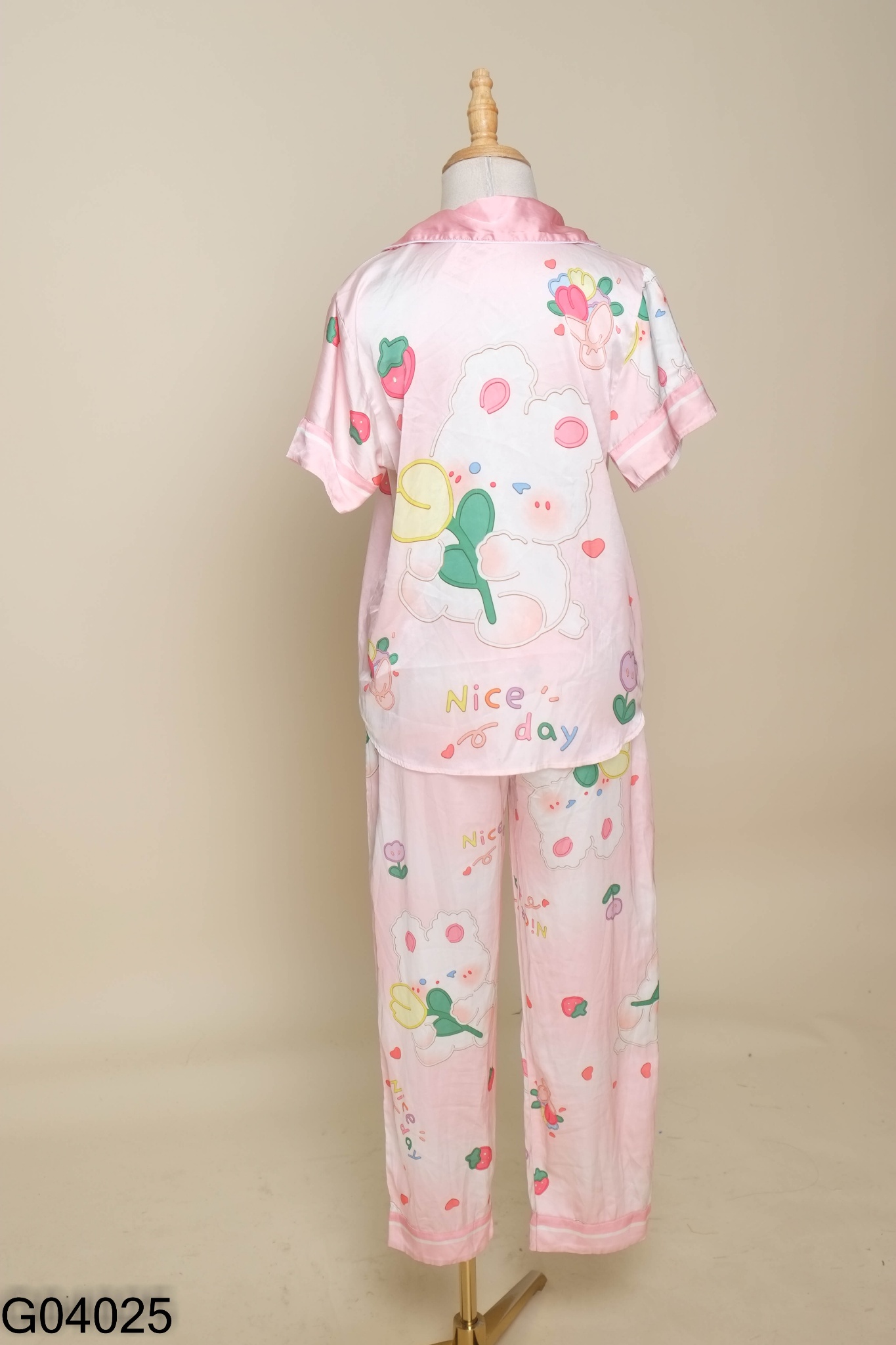 Set Pijama lụa hồng họa tiết